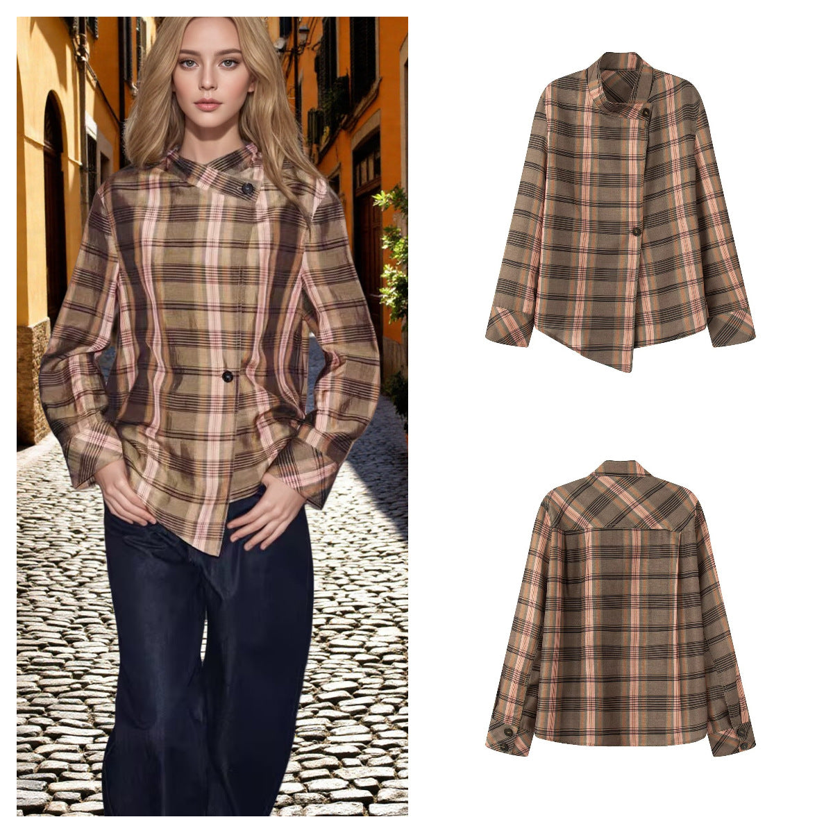 Women's Casual Irregular Plaid Loose Shirt Jacket