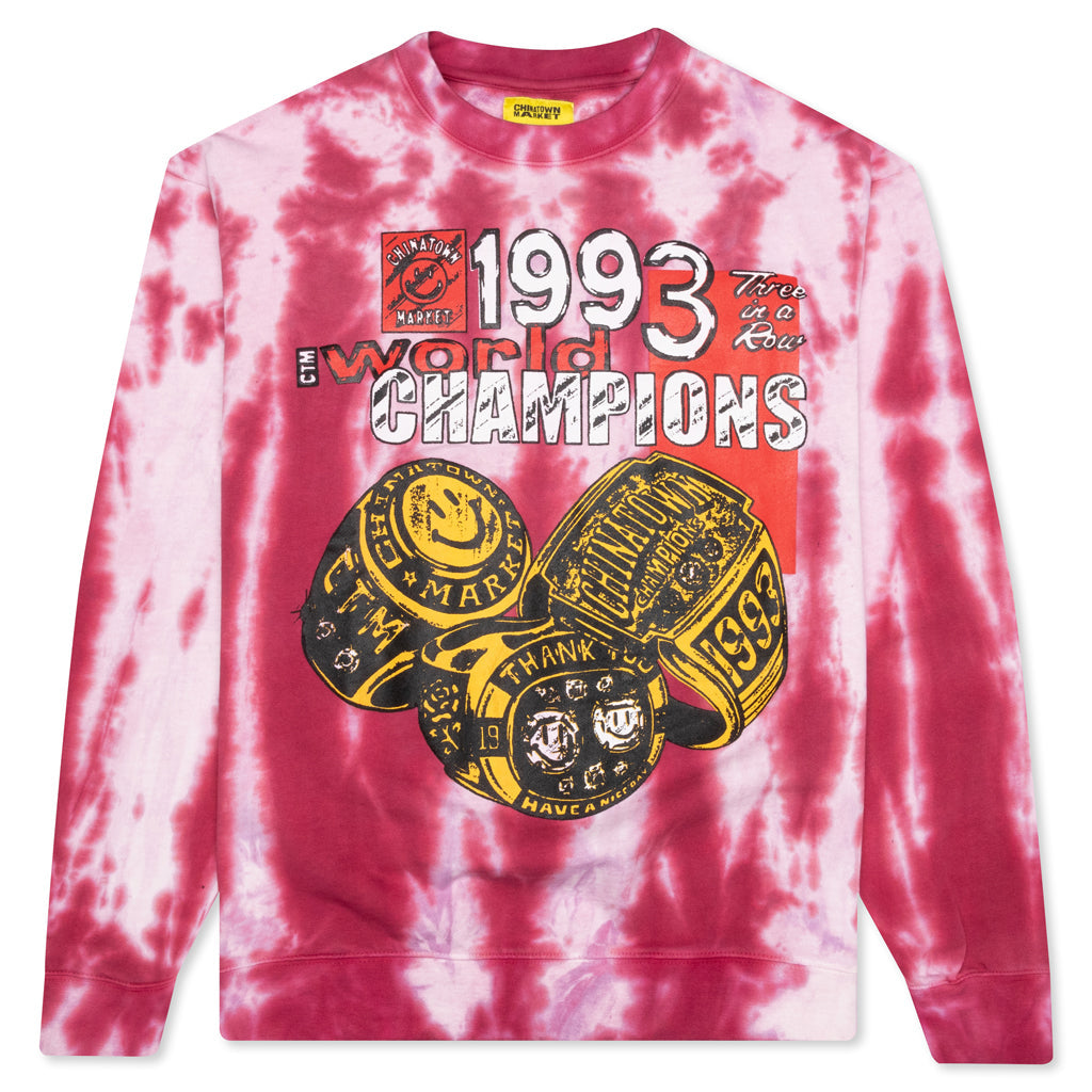 Chinatown Smiley Champions 3 Rings Tie-Dye Crewneck - Red