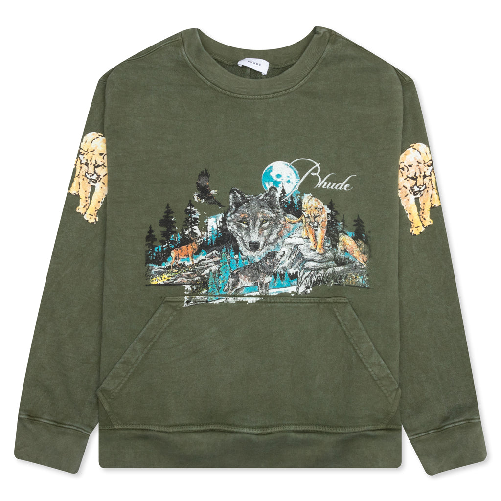 Wolf In Nature Graphic Crewneck - Olive